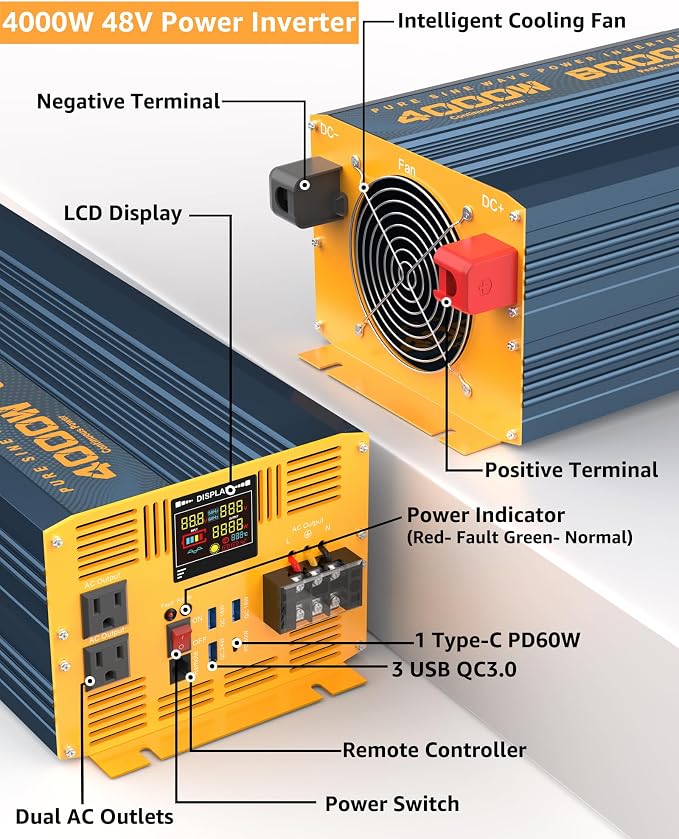 4000W Pure Sine Wave Power Inverter DC 48V to AC 110V 120V - Image 2