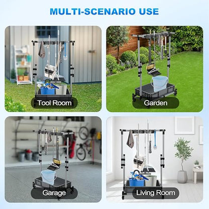 Broom and Mop Holder Freestanding Mobile Cleaning Tool Storage Rack, Floor - Image 6
