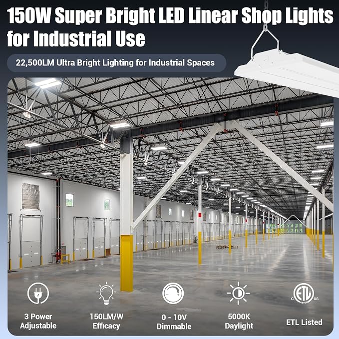 LED Linear Shop Lights 150W, 22500LM Led High Bay Lights 5000K Daylight 120-277V - Image 2