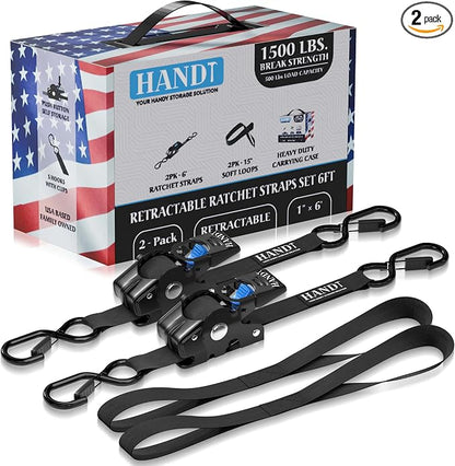 HandT USA Based Retractable Ratchet Straps 1in x 6ft by HANDT