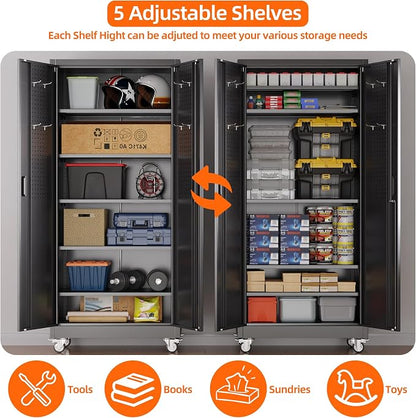 Garage Storage Cabinet with Wheels Pegboard and 5 Adjustable Shelves, Tool - Image 5