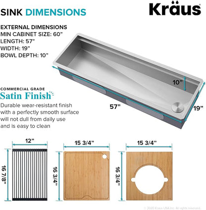 KRAUS Kore 57-inch Undermount Workstation 16 Gauge Single Bowl Stainless Steel - Image 5