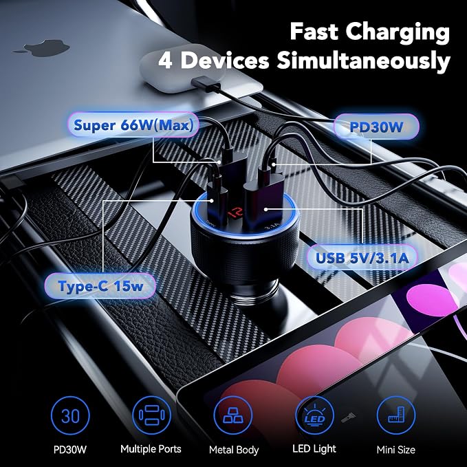 iPhone 16/15 Car Charger Adapter, 78W 4 Port USB C Car Charger - Image 2