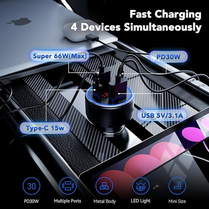 iPhone 16/15 Car Charger Adapter, 78W 4 Port USB C Car Charger - Image 2