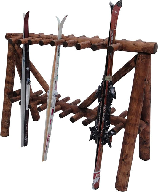 21-Place Freestanding Log Ski Rack Holder, Indoor & Outdoor Snowboard Racks by LogKayakRack