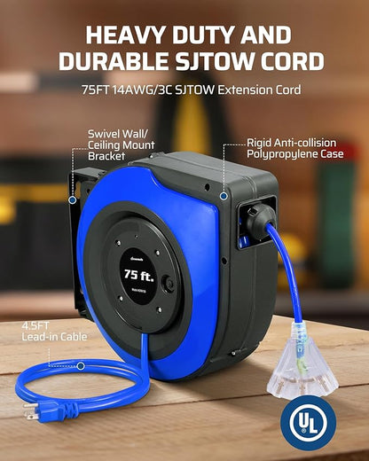 DEWENWILS Retractable Extension Cord Reel, 75 FT Heavy Duty Power Cord - Image 3