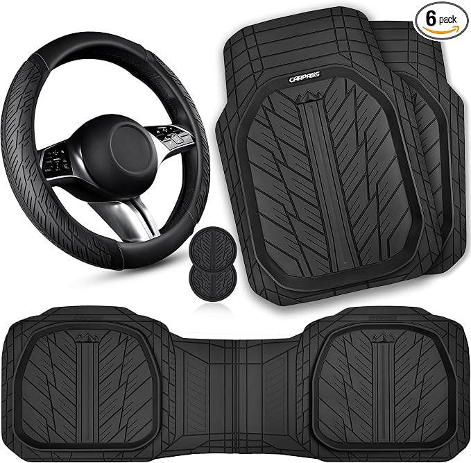 CAR PASS Leather Rubber Steering Wheel Cover 14 1/2” -15”, Tire Tread Pattern by CARPASS