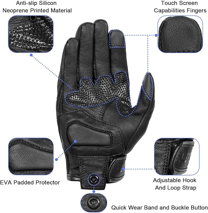 Updated Men’s Goat Skin Leather Motorcycle Gloves Touchscreen Knuckle Protector - Image 3