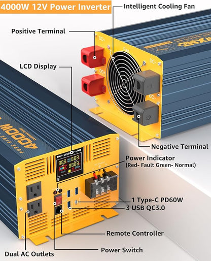 4000W Pure Sine Wave Power Inverter DC 12V to AC 110V 120V - Image 2