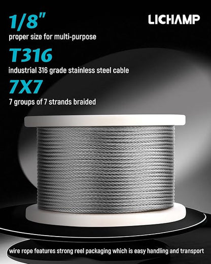 Lichamp 250FT 1/8" Stainless Steel Wire Rope Cable, Aircraft 316 SS Braided - Image 2