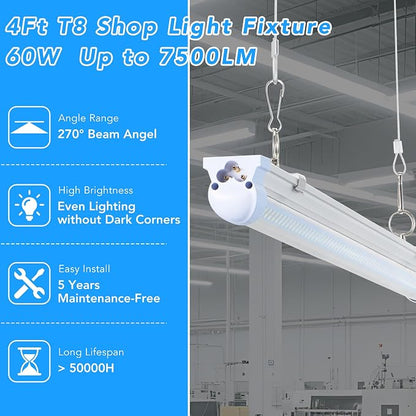 T8 LED Shop Lights 4FT, 4 Pack 60W 9600LM 6000K Daylight White, Linkable - Image 2