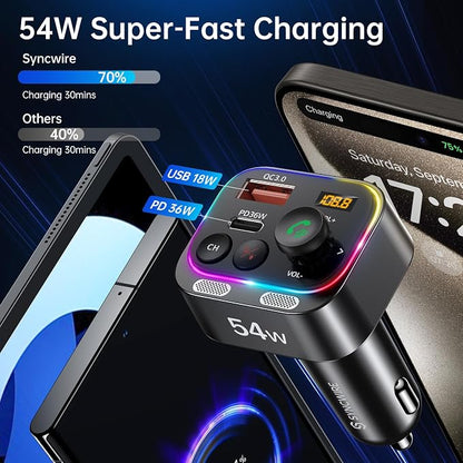 Syncwire Bluetooth 5.4 FM Transmitter Car Adapter 54W Wireless Radio Receiver - Image 4