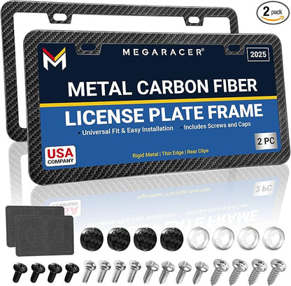 Premium Slim Carbon Fiber Design License Plate Frames – 2 Pack, Rust-Free by MegaRacer