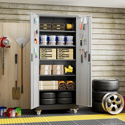Garage Storage Cabinet with Pegboard and 5 Adjustable Shelves, Tool Storage - Image 2
