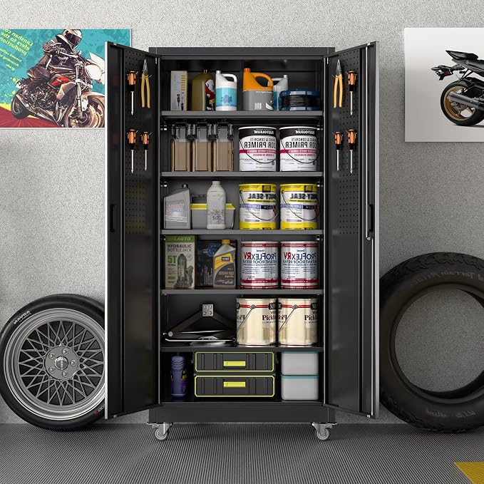 Garage Storage Cabinet with Wheels & Pegboard, Assembly Required - Image 4