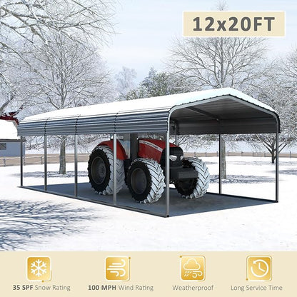 12x20 FT Outdoor Carport with Metal Roof, Heavy Duty Metal Carport Canopy - Image 3