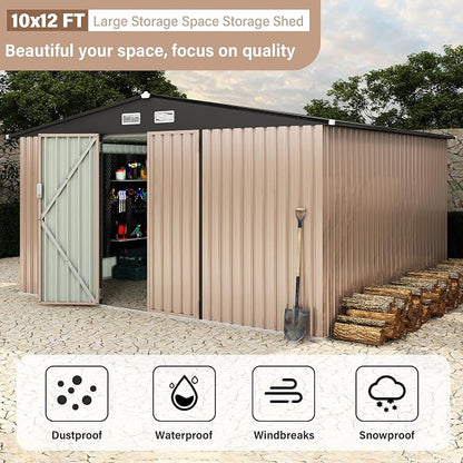 10X12FT Outdoor Metal Storage Shed, Lockable Weatherproof Garden Shed - Image 9