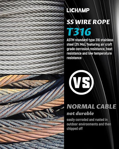 Lichamp 250FT 1/8" Stainless Steel Wire Rope Cable, Aircraft 316 SS Braided - Image 5